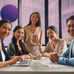 A diverse group of ASTICOM professionals collaborating in a modern office setting, exemplifying teamwork and strategic planning. They are engaged in a discussion, with one person using a laptop, highlighting the role of effective staffing solutions in enhancing operational agility.